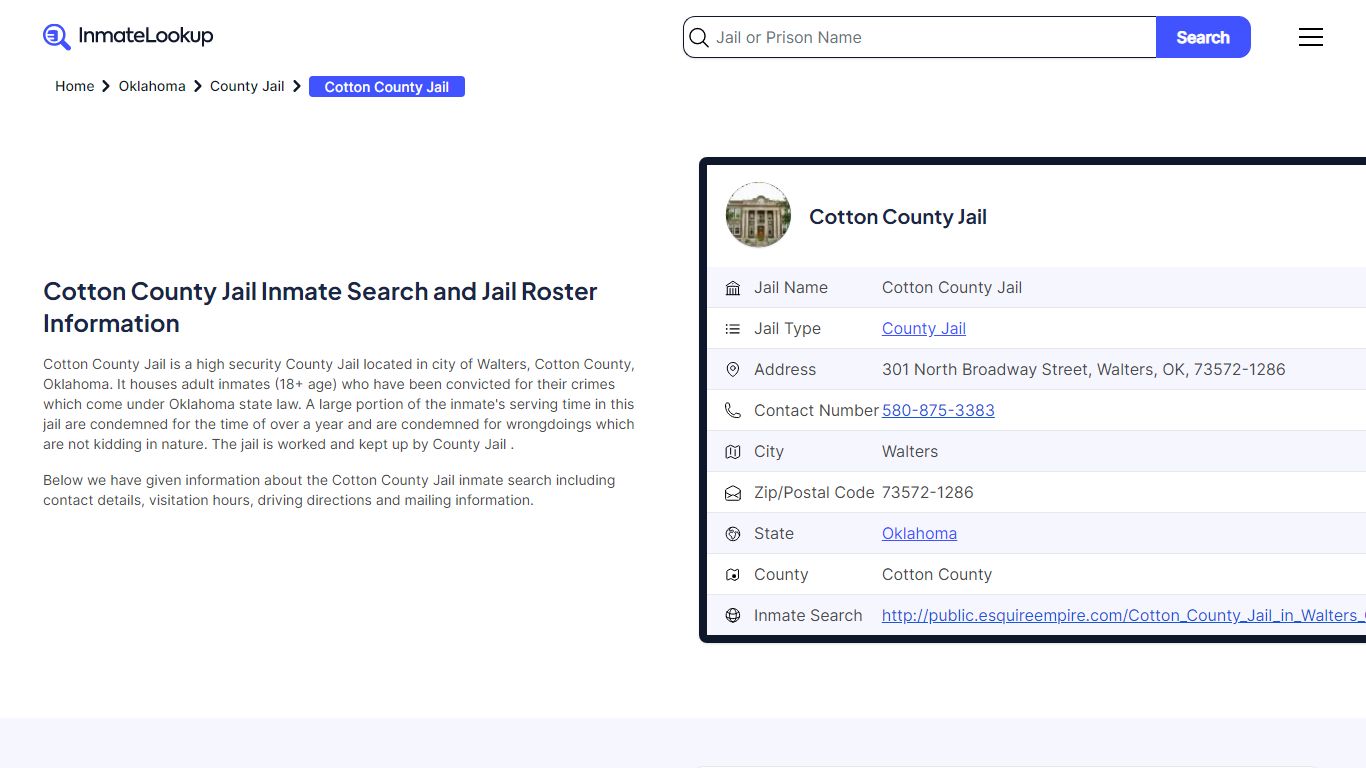 Cotton County Jail Inmate Search and Jail Roster Information